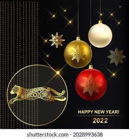 Christmas balls. Black water tiger-symbol of 2022. Chinese New Year. Vector illustration.