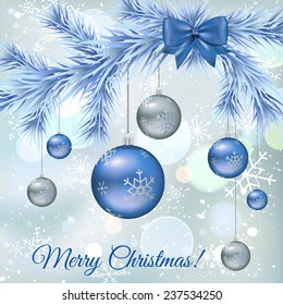Christmas balls with blue fir twigs and snow. Vector illustration.