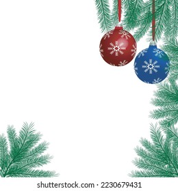 Christmas balls of blue, red color, spruce leaves of green color, white background