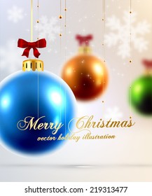 Christmas Balls and Blurred Snowflakes. Xmas Decorations. Blur Xmas Baubles. Vector.