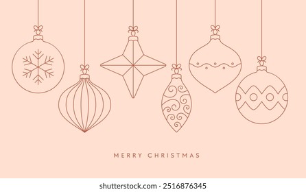Christmas balls boho trendy card, simple outline style, vector illustration
