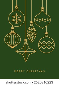 Christmas balls boho trendy card, simple outline style, vector illustration