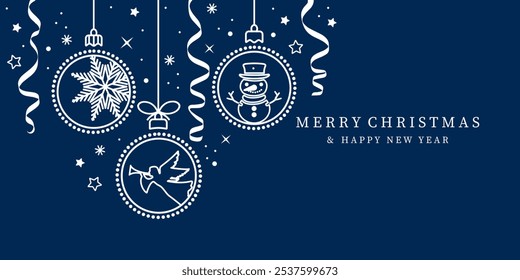 Weihnachtsbälle einzeln auf blauem Hintergrund. Weihnachtskarte mit Feiertagsdekoration.Weihnachtsbälle Rahmen . Heiraten Sie Weihnachten und Happy New Year Hintergrund. Streamer und Konfetti Dekoration