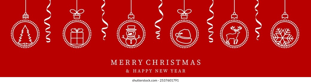 Christmas balls border isolated on a red background. Christmas card with holidays decoration.Christmas balls border . Marry Christmas and Happy New Year background. Streamers and confetti decoration