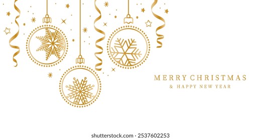 Borda de bolas de Natal isolado em um fundo dourado. Cartão de Natal com decoração de feriados.Borda bolas de Natal . Casar Natal e feliz ano novo fundo. Decoração de córregos e confetes