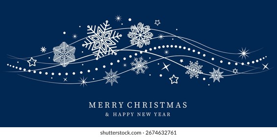 Borde de bolas de Navidad aislado sobre un fondo azul. Tarjeta de Navidad con decoración navideña. Navidades copos de nieve con estrellas borde . Fondo de feliz Navidad y feliz año Nuevo .