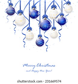 Christmas balls with bow, tinsel and confetti on white background, illustration.