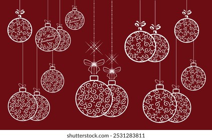 Bolas de Navidad con lazos, blanco con un patrón en estilo retro, conjunto.