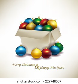 Christmas balls in a box, paper box with colored Christmas balls. Vector illustration of festive packaging with bright colored round Christmas decorations, merry Christmas.