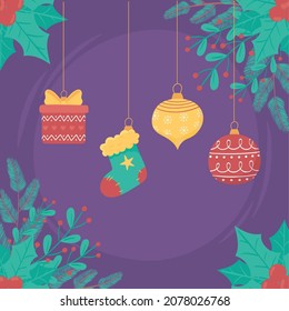 christmas balls and branches with gift