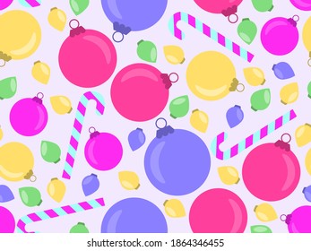 Christmas balls and Candy cane seamless pattern. Christmas ornaments for greeting cards, wrapping paper, banners and posters. Vector illustration