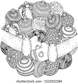 Christmas balls. Circle pattern for coloring book. New year hand-drawn decorative elements in vector. Black and white. Zentangle