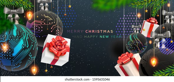 Christmas balls with circuit board pattern, gift boxes and Xmas lights. Symbol of innovations, science and technologies. Holiday cover with New Year elements for poster, placard. Vector illustration