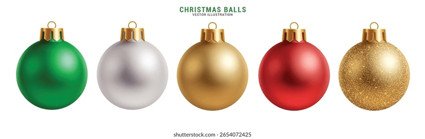 Conjunto de clipart bolas de Natal. Bola de Natal colorida como verde, branco, vermelho e brilhante coleção de arte clipe de ouro brilhante, brilhante e forma redonda decoração de Natal elementos 3d ilustração vetorial.
