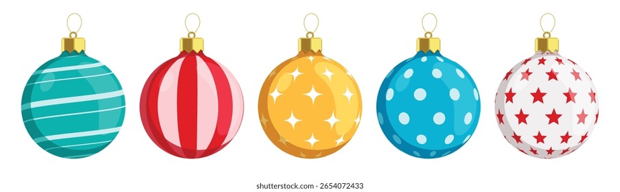 Conjunto de clipart bolas de Natal. Bola xmas de padrão colorido como espiral, estrelas e clip art para decoração de Natal bauble e elementos de esfera coleção ilustração vetorial.
