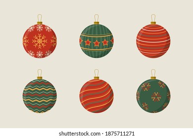 Christmas balls collection. Colorful winter decorations for New Year and Christmas trees. Set of glass balls. Christmas decor. Decorations to create a festive atmosphere. Vector.