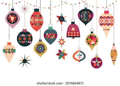 Christmas balls collection, flat style, geometric shape, winter design