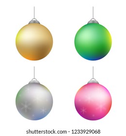 Christmas balls collection. New Year decorations toys set. Christmas decoration isolated on white. Festive Christmas decoration for website, social networks, blog or your video channel. Vector art
