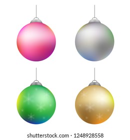 Christmas balls collection. New Year decorations toys set. Christmas decoration isolated on white. Festive Christmas decoration for website, social networks, blog or your video channel. Vector art