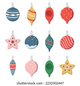 Christmas balls collection. New year, Christmas winter decor bauble. Cartoon winter holiday balls shape design. Vector illustration. Isolated on white background.