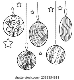 Colección de bolas de Navidad, conjunto de doodles vectoriales, para libro de colorido