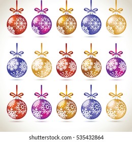 Christmas balls colorful hanging big set on tape for christmas tree decoration. New year balls collection to styling website. Kit of snowflakes on balls