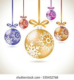 Christmas balls colorful hanging set on tape for christmas tree decoration. New year balls collection to styling website. Kit of snowflakes on balls