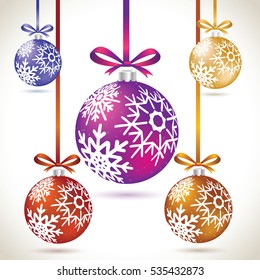 Christmas balls colorful hanging set on tape for christmas tree decoration. New year balls collection to styling website. Kit of snowflakes on balls