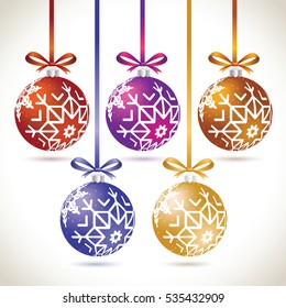 Christmas balls colorful hanging set on tape for christmas tree decoration. New year balls collection to styling website. Kit of snowflakes on balls