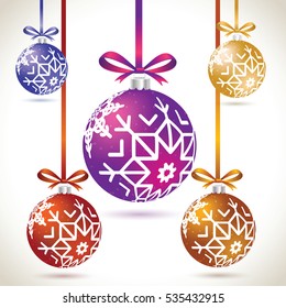 Christmas balls colorful hanging set on tape for christmas tree decoration. New year balls collection to styling website. Kit of snowflakes on balls