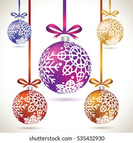 Christmas balls colorful hanging set on tape for christmas tree decoration. New year balls collection to styling website. Kit of snowflakes on balls
