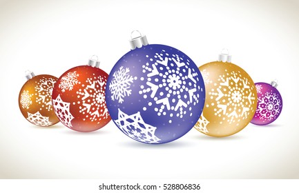Christmas balls colorful lie set for christmas tree decoration. New year balls collection to styling website. Snowflakes kit on balls