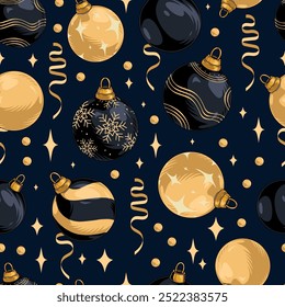 Christmas balls colorful pattern seamless with toys for decorating New Year tree and golden ribbons for holiday design vector illustration