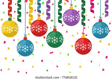 Christmas balls. Colorful ribbon confetti and streamers serpentine. Vector illustration flat design. Holiday decoration. Happy New Year's and Merry Christmas. Color sphere. Celebration background.