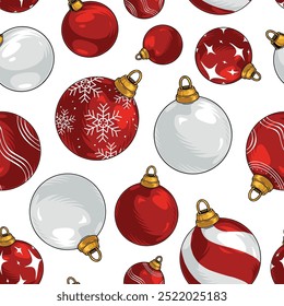Christmas balls colorful seamless pattern with red and white toys to decorate New Year fir for winter holiday vector illustration