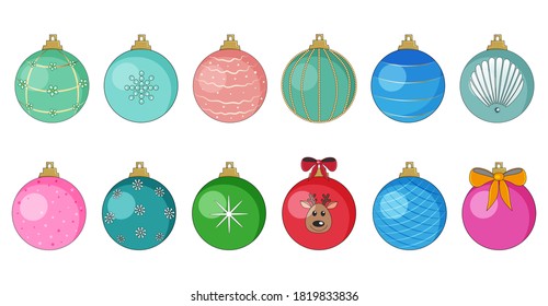 Christmas balls colorful set isolated on white background, vector illustration.