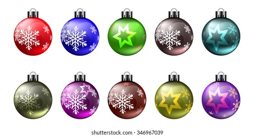 Christmas balls colorful. Set of isolated realistic decorations on white background . Vector illustration.