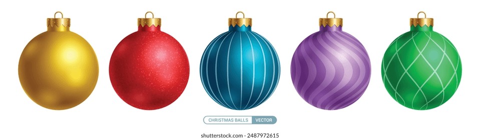 Christmas balls colorful vector set design. Colorful 3d realistic christmas ball with glitter, glossy, spiral pattern isolated in white background for holiday season elements. Vector illustration