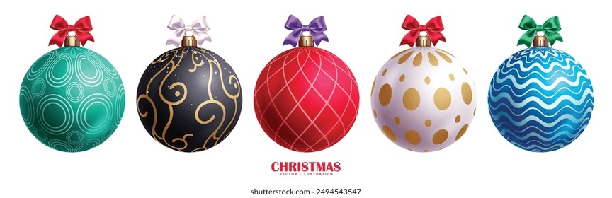 Christmas balls colorful vector set design. Christmas ball 3d elements with spiral, checkered, gold dots and curve pattern isolated in white background. Vector illustration xmas bauble collection. 
