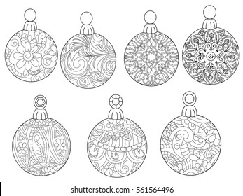 Christmas balls coloring book for adults vector illustration. Anti-stress coloring for adult. Zentangle style. Black and white lines. Lace pattern feline