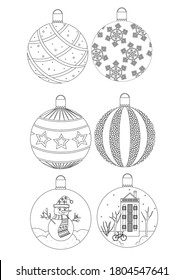 Christmas balls coloring page. Outline vector stock illustration. Colorless balls, set. Christmas printable coloring book. Christmas balls anti stress for adults. Vector illustration A4