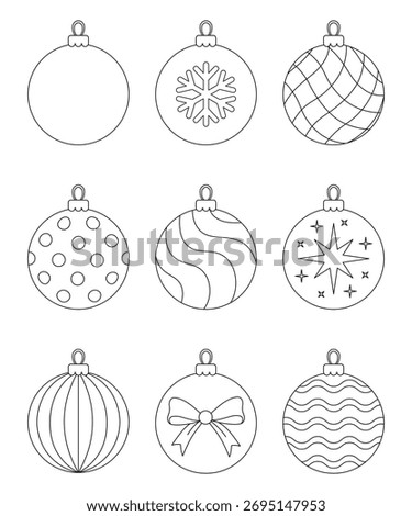 Christmas balls coloring set. Collection of Christmas tree decorations with various patterns. Printable coloring page for kids holiday activity, winter decoration template, and festive project. Vector