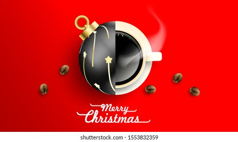 Christmas balls and cup of coffee with coffee beans on red background from above. Hot drink smell of christmas. Winter coffee shop advertisement background. -Vector