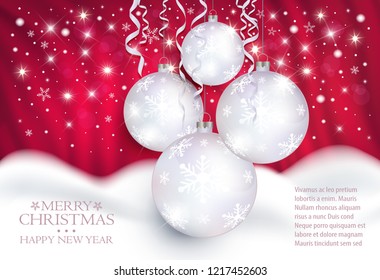 Christmas balls curtain red background and snowdrift greeting card vector