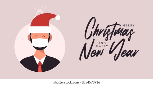 Christmas balls with cute person character man in santa hat. Merry christmas and happy new year greeting card banner Cartoon winter holidays