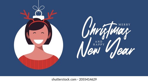 Christmas balls with cute person character woman deer hat horns. Merry christmas and happy new year greeting card banner Cartoon winter holidays