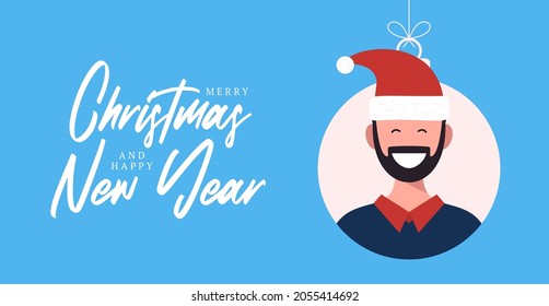 Christmas balls with cute person character man in santa hat. Merry christmas and happy new year greeting card banner Cartoon winter holidays