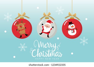 Christmas balls with cute Santa Claus, deer and snowman. Cartoon winter holidays set. Happy new year 2019.