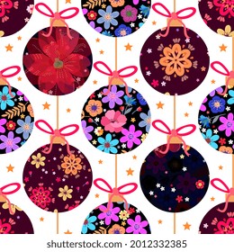 Christmas balls decorated with floral patterns are suspended on threads on a white background with small yellow stars. Seamless patchwork pattern.