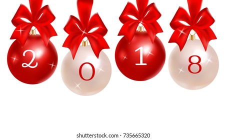 Christmas balls decoration. Red and white shiny xmas toys with red ribbons, depicting new year 2018. Red and white holiday colors. Vector illustration for your design.